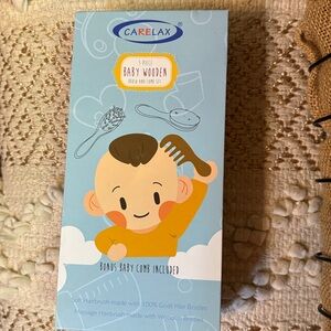 NIB Carelax 3-Piece Baby Wooden Brush & Comb Set - 100% Goat Hair Bristles